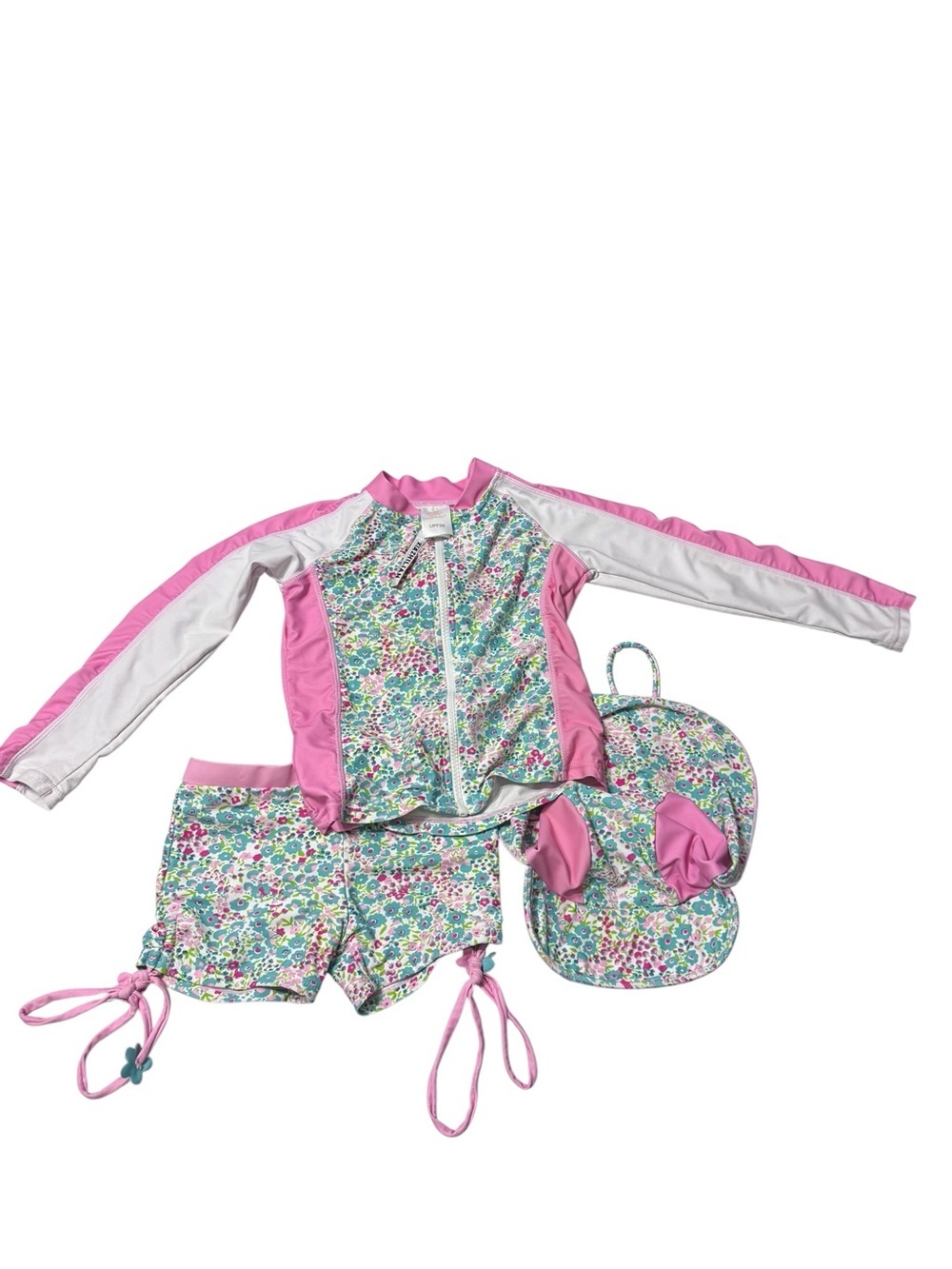 Kids Pink Floral Rash Guard Set with Hat Sz 6